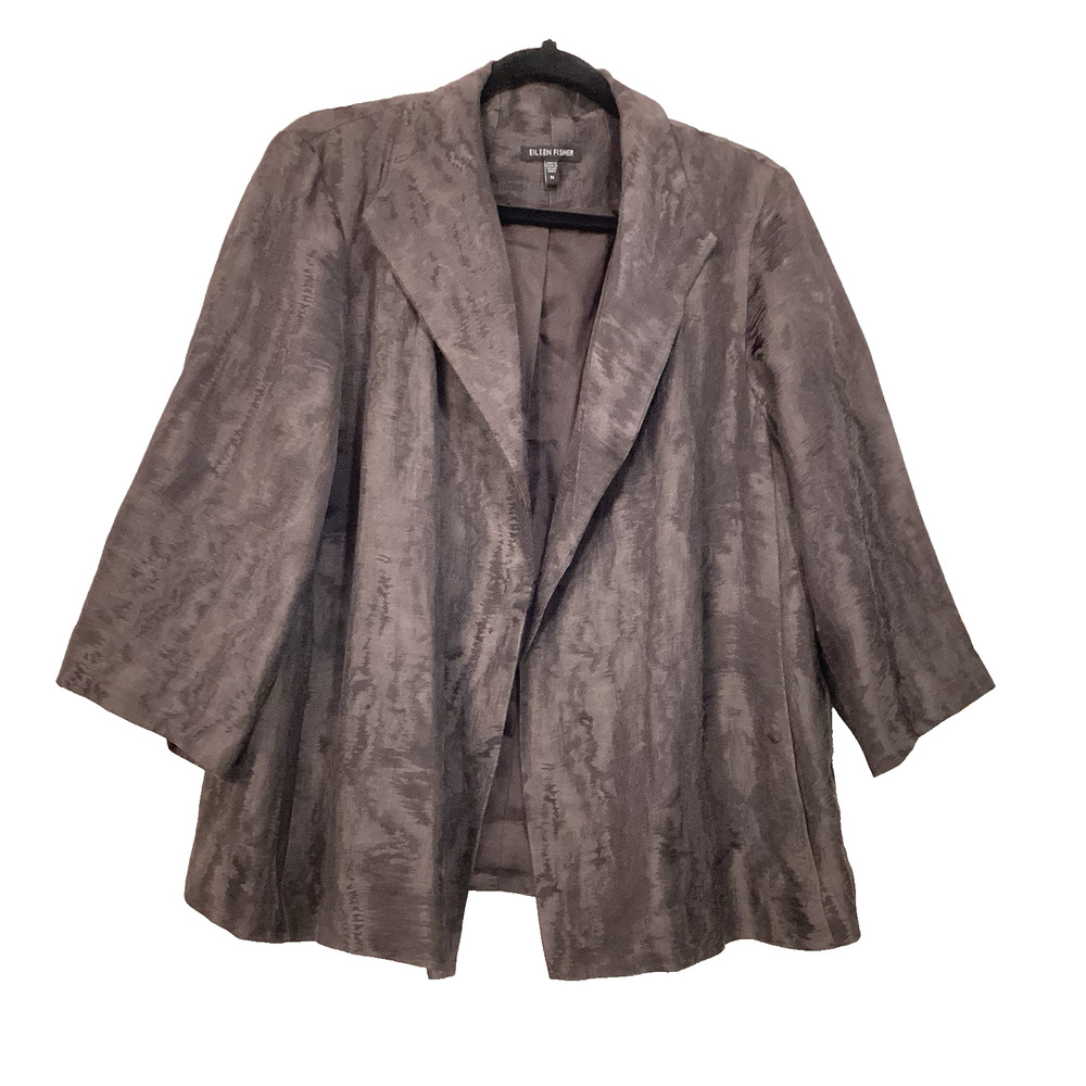 Eileen Fisher Short Jacket Womens Size M Jacquard print Silk Lining Open Brown